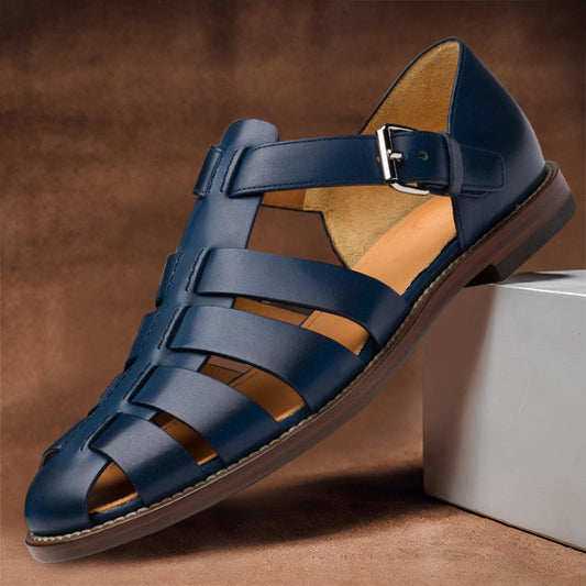 Blue sandal with a strap on a brown background