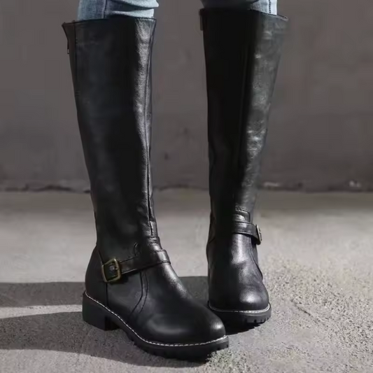 Women's knee high riding boots in black with buckle detail