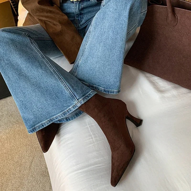 Kitten heel sock boots side view