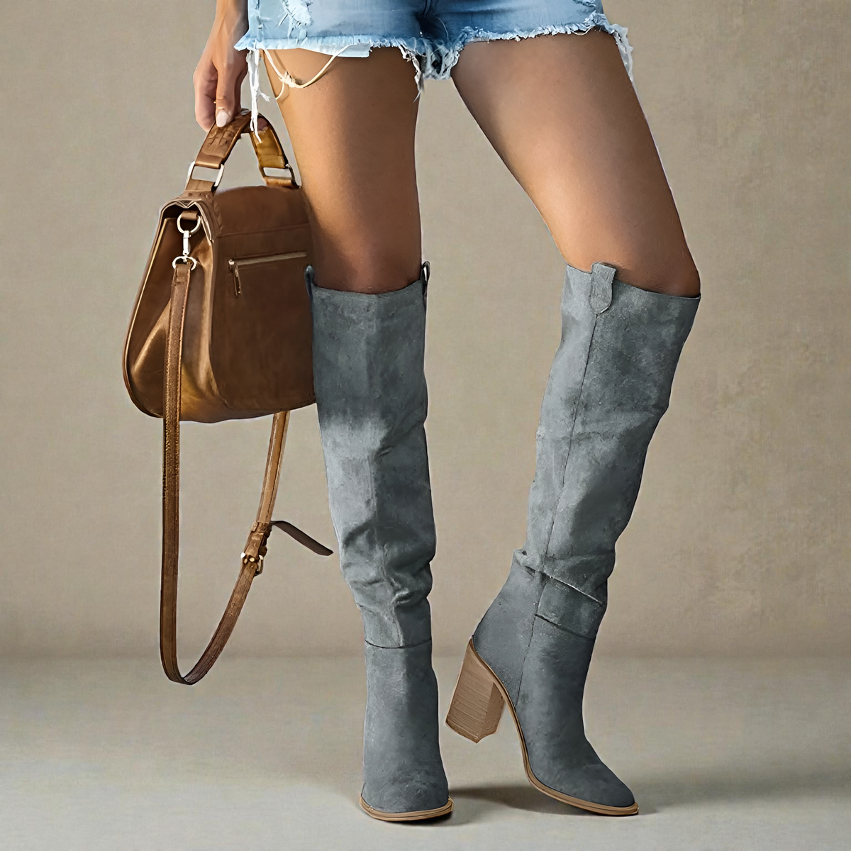 Grey block heel knee high boots for women