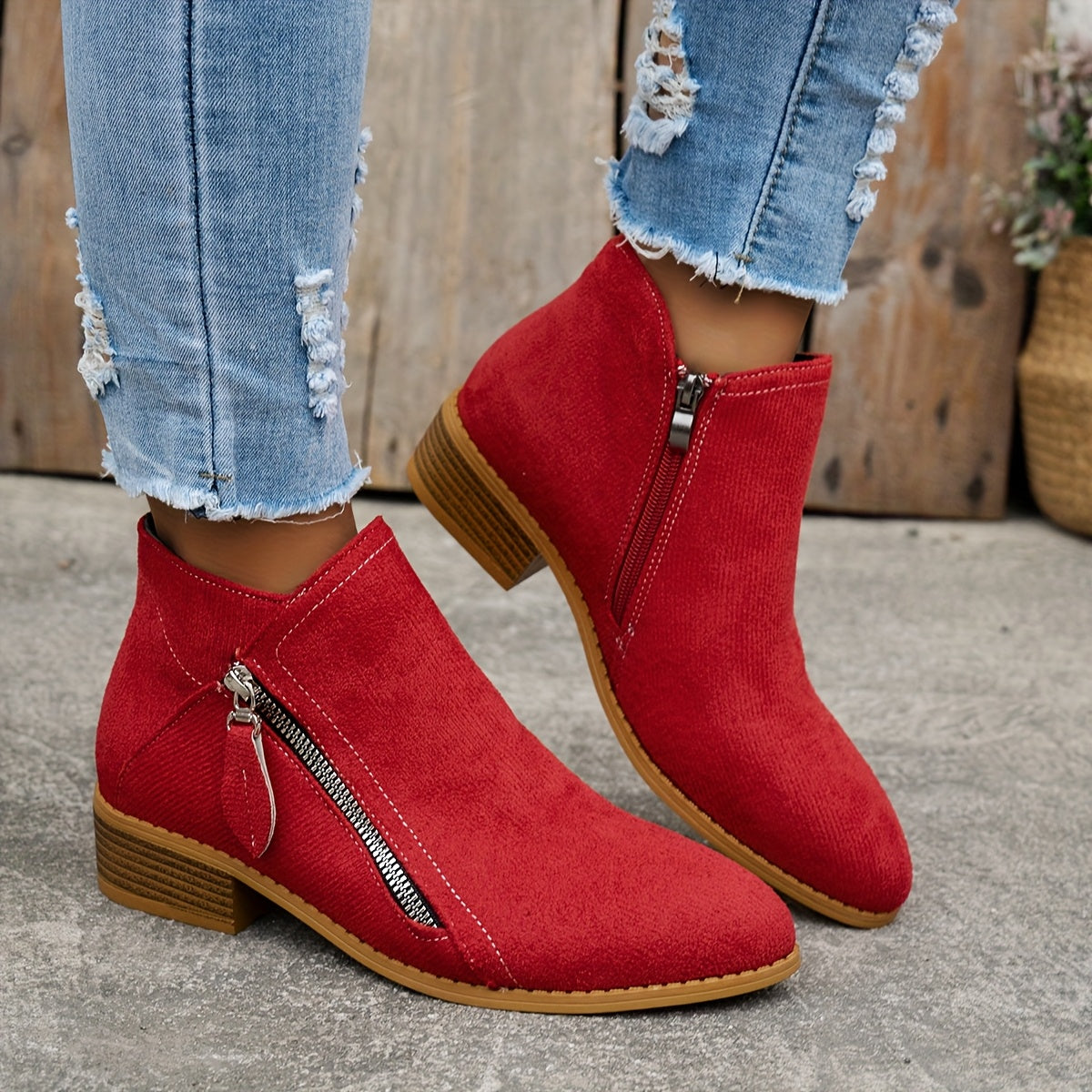 Red suede block heel ankle boots