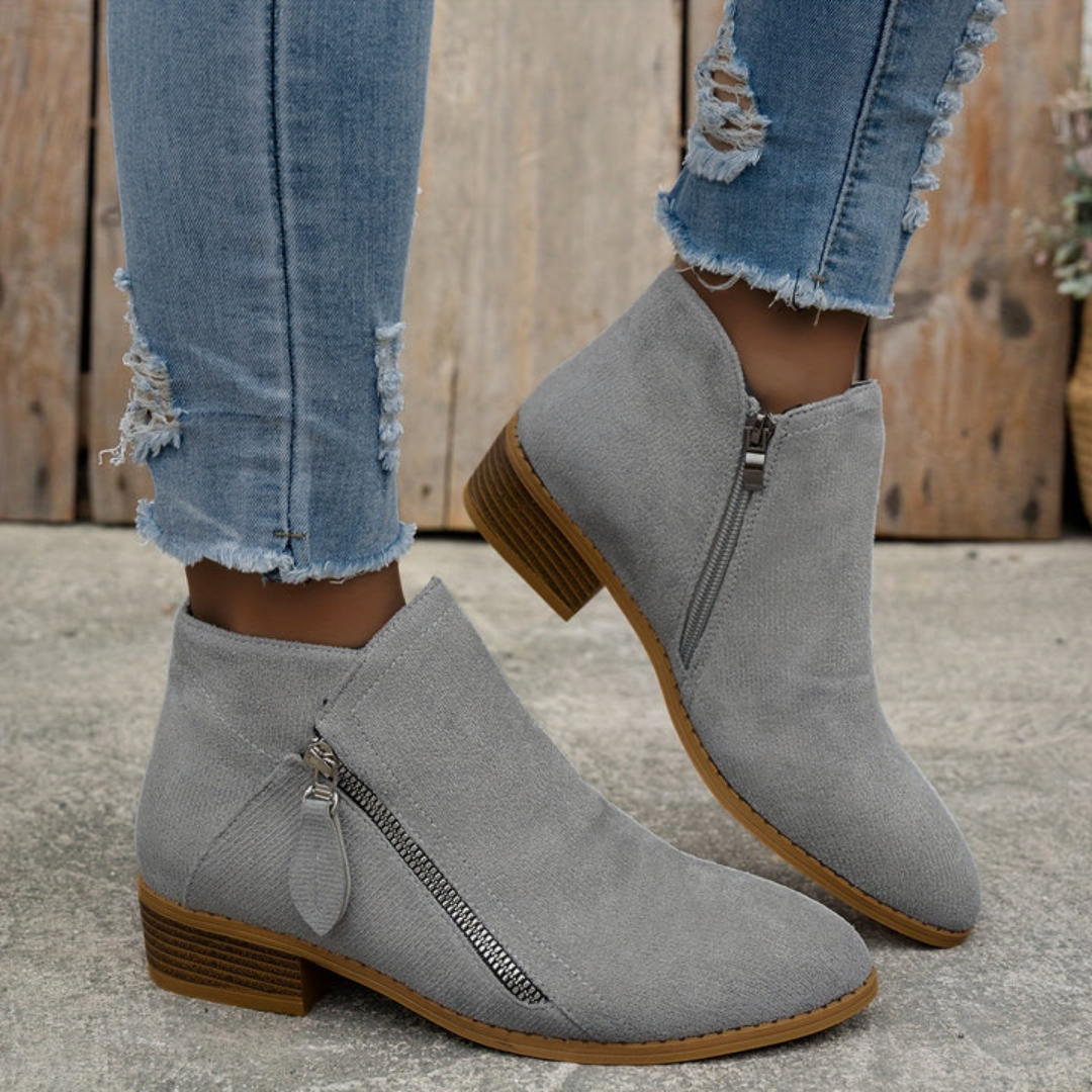 Grey suede low heel booties