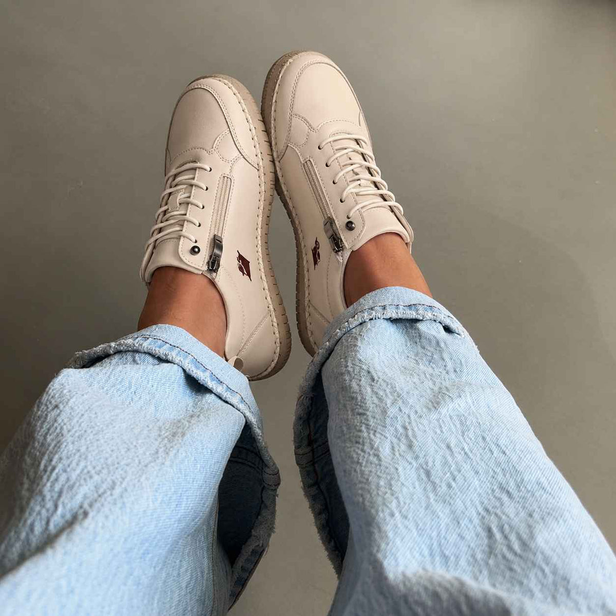 Customer wearing Rowan wide fit trainers