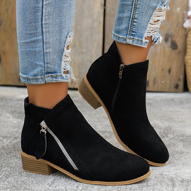 Black suede low heel ankle boots with side zip