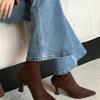 Women's brown suede pointed toe sock ankle boots