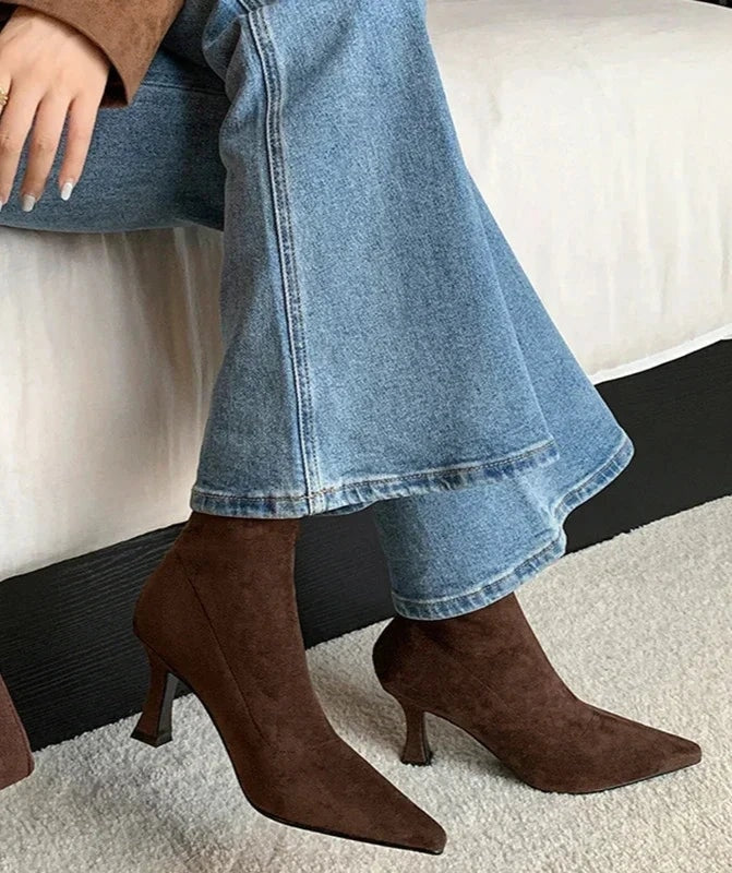 Women's brown suede pointed toe sock ankle boots
