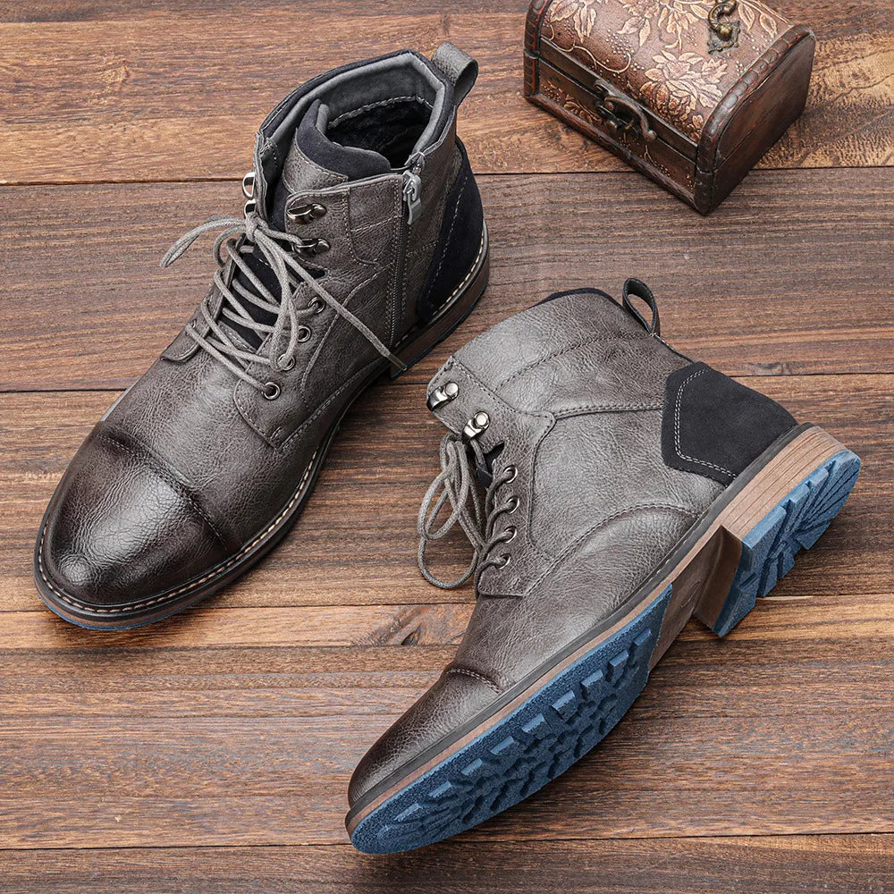 Men's leather lace-up boots worn
