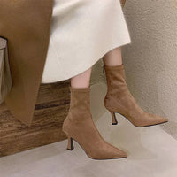 Khaki suede sock ankle boots with kitten heel