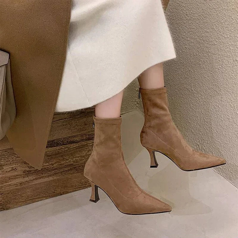 Khaki suede sock ankle boots with kitten heel