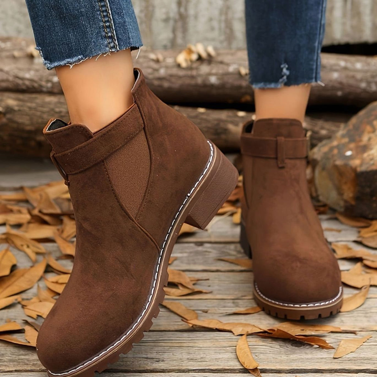 Buckle strap ankle boot side view