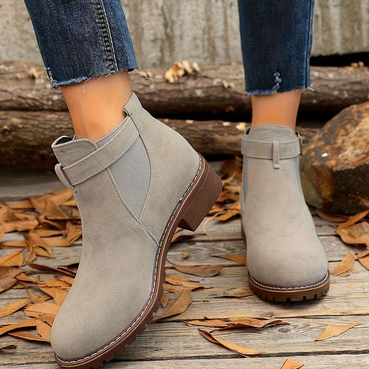 Grey suede-look block heel ankle boots