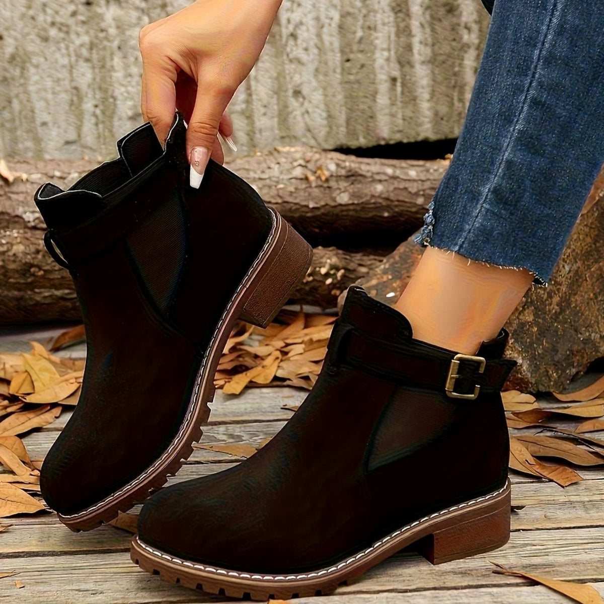 Black block heel ankle boots with buckle strap
