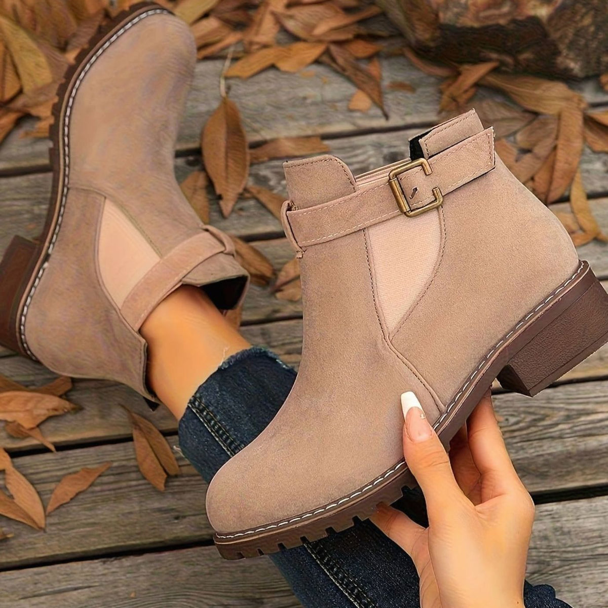 Pink suede-look ankle boots with block heel