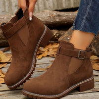Women's brown block heel ankle boots with buckle strap