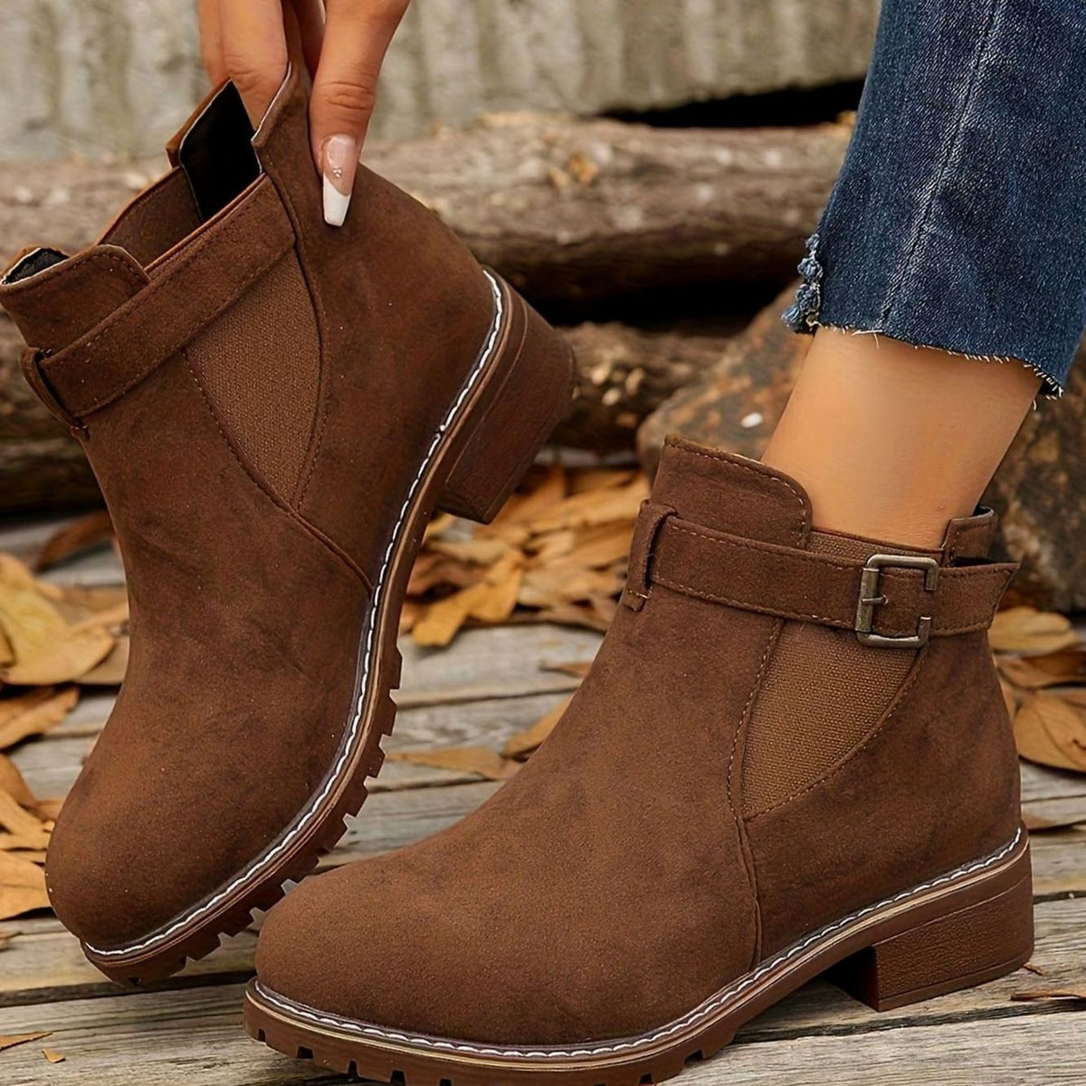 Women's brown block heel ankle boots with buckle strap