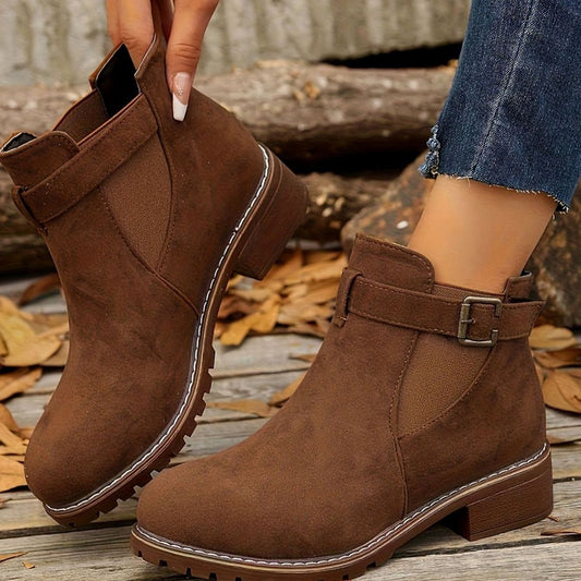 Women's brown block heel ankle boots with buckle strap
