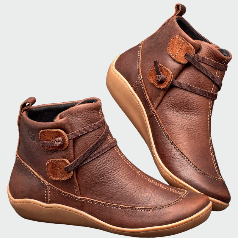 Women's brown flat lace up leather ankle boots
