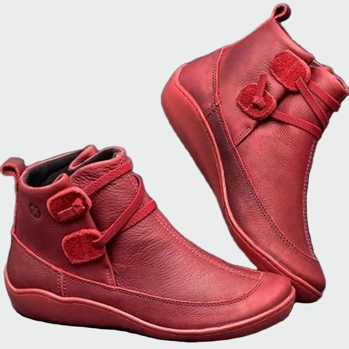 Red flat lace up ankle boots for women