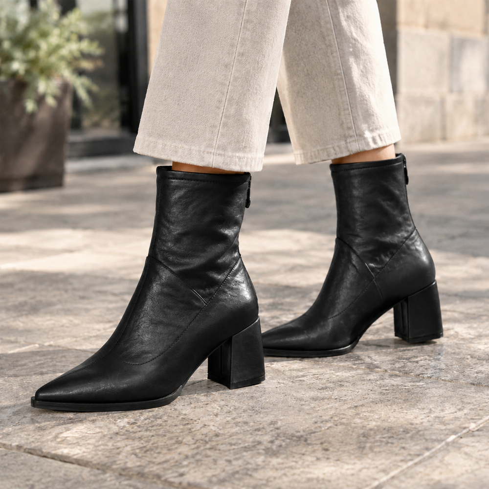 Black pointed toe ankle boots with block heel