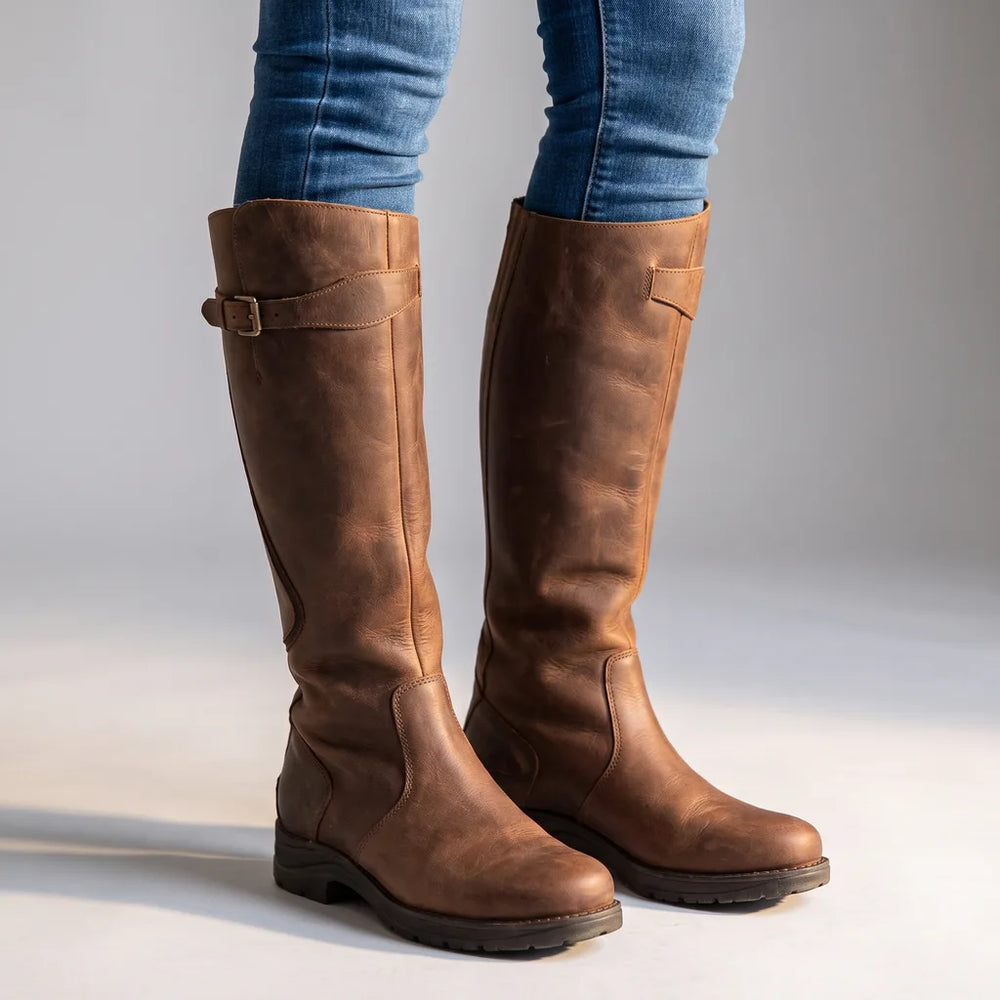 Brown low heel knee high boots