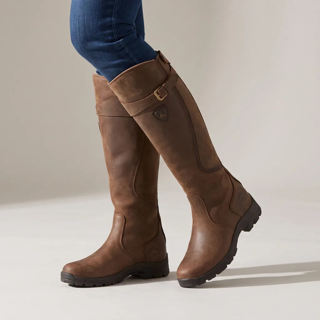Women's knee high boots in dark brown with buckle strap