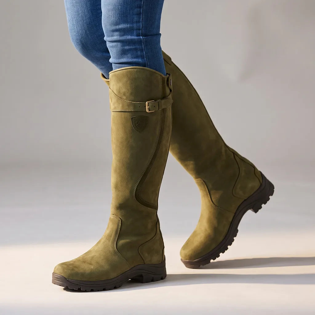 Green knee high riding boots for women