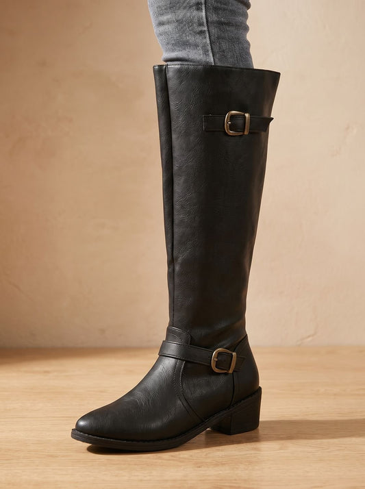 Women's knee high riding boots in black with low block heel